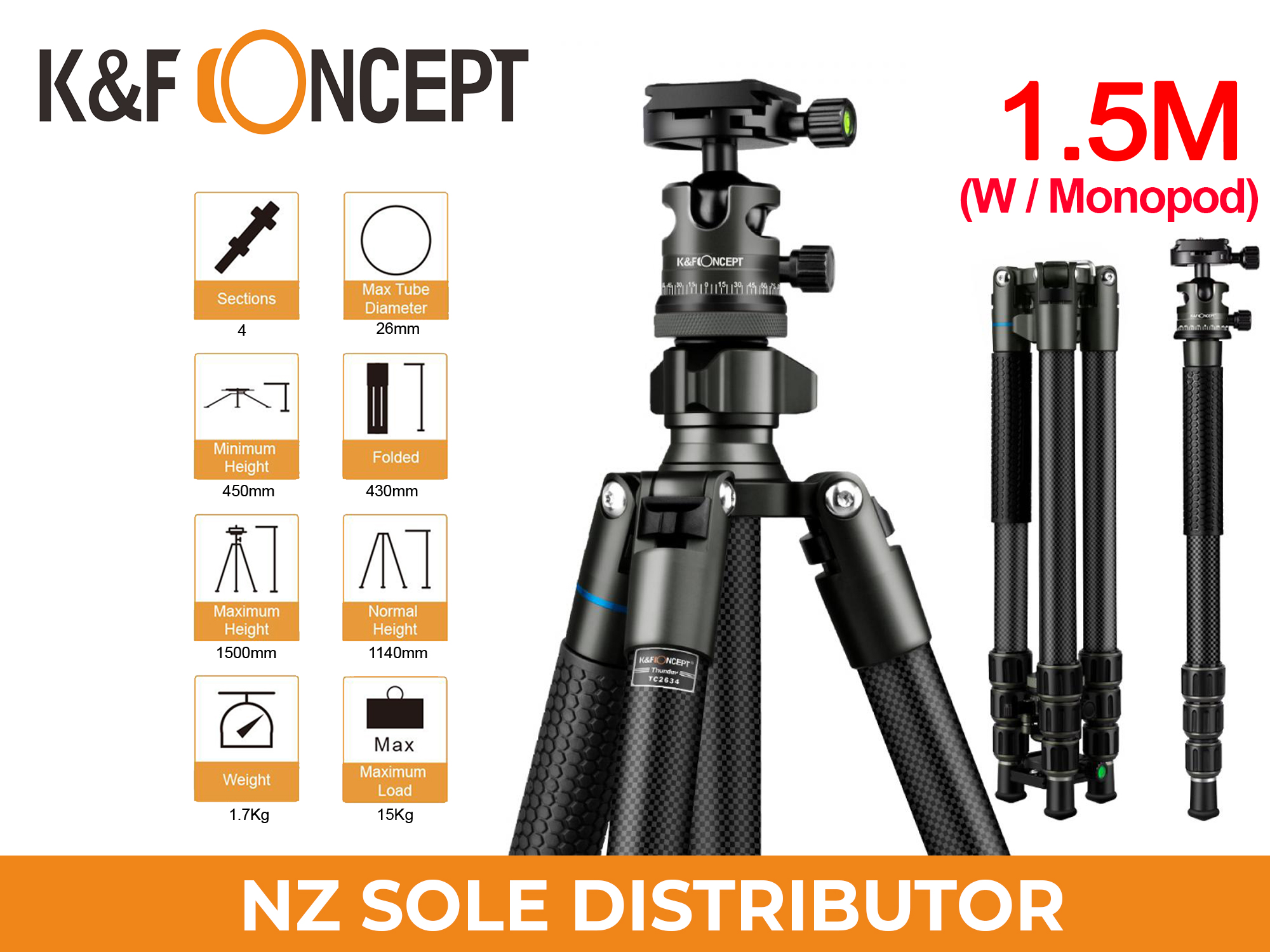 K&F Concept TC2634 (Black) Carbon Fibre Tripod Lightweight Portable for Travel Photography
